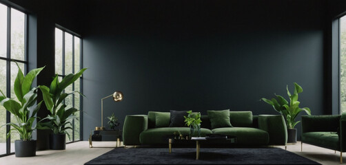 green sofa and recliner chair in apartment. Interior design of modern living room. generative AI 