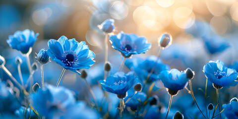 Blue flowers in a field, generative ai - obrazy, fototapety, plakaty