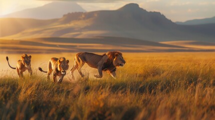 lions running through the savannah predator - obrazy, fototapety, plakaty