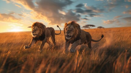 lions running through the savannah predator