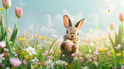 Easter bunny rabbit holding an easter egg in his paws on fresh meadow with spring flowers