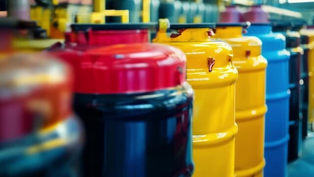 A mive storage tank filled with a colorful array of liquid precursors each one labeled and sealed tightly before being shipped to clients around the world.