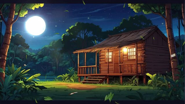 Serene 4k video footage showcasing a picturesque forest scene with a charming hut bathed in the light of the full moon.