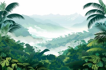 Fototapeta na wymiar Serene green tropical rainforest landscape with dense foliage and misty mountains, cut out illustration