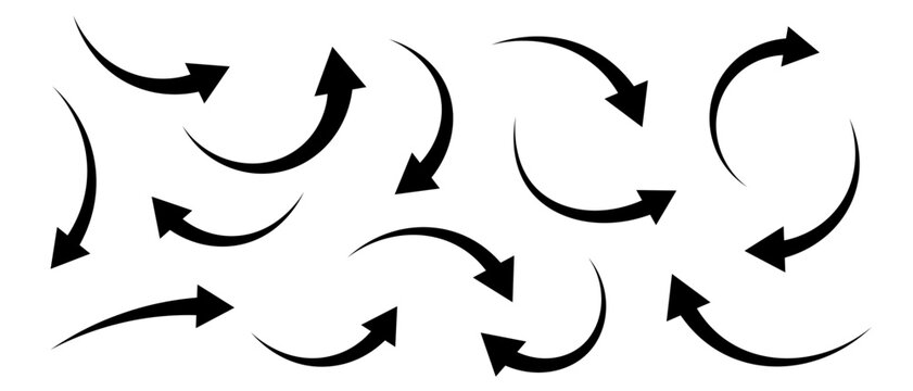 Black arrows set. Curved arrows. Arrow sign. Flat style icons.