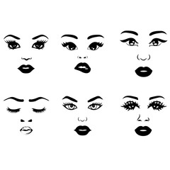 Set of women`s faces, Female woman eyes and lips, Vector Illustration