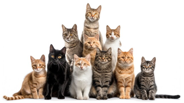 variety of cats with different coat patterns and colors sitting and looking forward