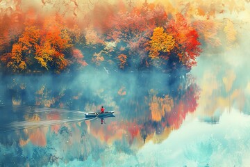 Serene aerial view of person rowing boat on calm autumn lake, tranquil nature landscape, digital painting - obrazy, fototapety, plakaty