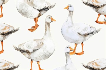 Seamless Watercolor Pattern with Cute Farm Geese, Hand-Drawn Illustration on White Background
