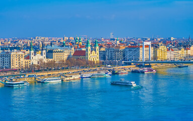 The quay of Danube and architecture of Pest, Budapest, Hungary