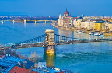 Rolgordijnen Kettingbrug Szechenyi and Margaret Bridges across Danube, Budapest, Hungary