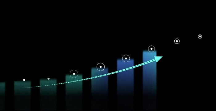 Growing graph with diagram and connected points on a black background. Concept of profit growth and volume increase. Visualization of goal achievement. Cg