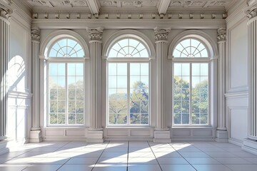 Sunlit room with classical columns and large arched window, architectural interior, digital 3D illustration