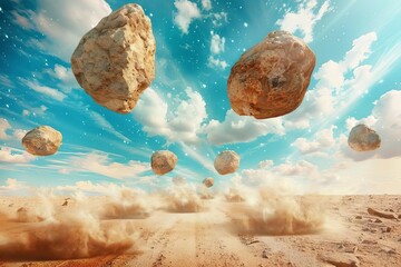 Surreal Desert Landscape with Floating Rocks, Distorted Perspective and Vivid Sky, Concept Art