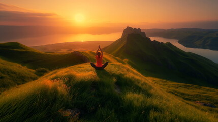 Obraz na płótnie Canvas Serene Woman Practicing Yoga on Lush Green Hillside at Sunrise. Tranquil Morning Bliss