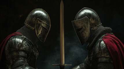 Two knights with swords face to face, confrontation, battle, bravery, clash, close-quarters combat