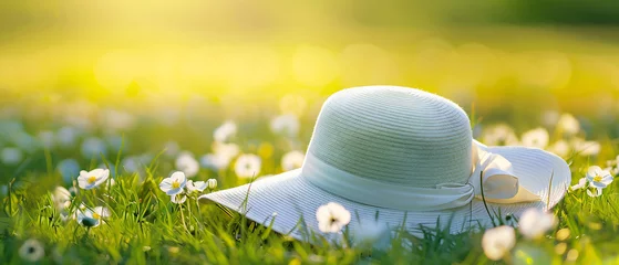 Poster hat on grass in sunshine sunny day backgrounds in the style of delicate flowers © Miftakhul Khoiri