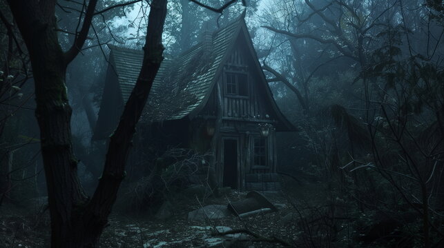 Witch Haunted Cottage, Mysterious Old Hut Deep in Dark Enchanted Woods