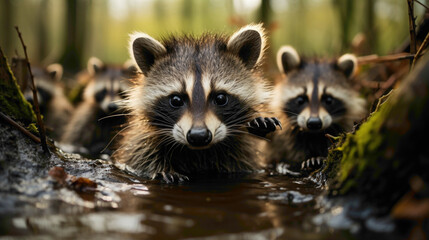 A group of baby raccoons playing near a stream, their masked faces and nimble movements creating an endearing scene in the world of urban wildlife. - obrazy, fototapety, plakaty