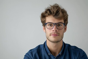 Portrait of a handsome young brunette man wearing eyeglasses and blue shirt, isolated on white background - obrazy, fototapety, plakaty