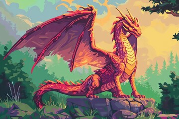 Pixel Art Illustration of a Dragon Painting, Retro 8-Bit Video Game Style