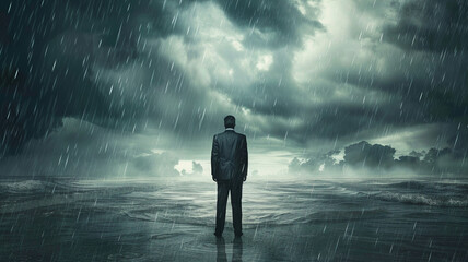 Male businessman standing in the middle of a monsoon