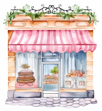 Watercolor painting of a bakery storefront on the white background
