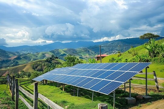 Scenic rural landscape with solar panels in foreground, renewable energy concept, digital photography illustration