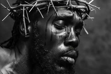 Portrait of black Jesus Christ with crown of thorns, close-up black and white photorealistic illustration - obrazy, fototapety, plakaty