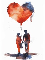 The couple holding balloons for valentine's day in watercolor