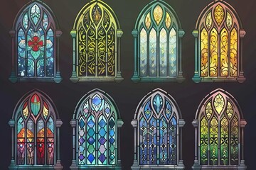 Resurrecting Gothic grandeur in Catholic cathedral architecture, stained glass windows, medieval arches, mosaic frames, vector set - obrazy, fototapety, plakaty
