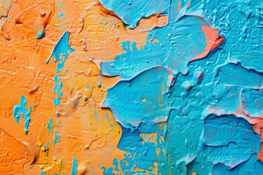 Rough colorful abstract painting on old house wall, vibrant blue and orange texture background