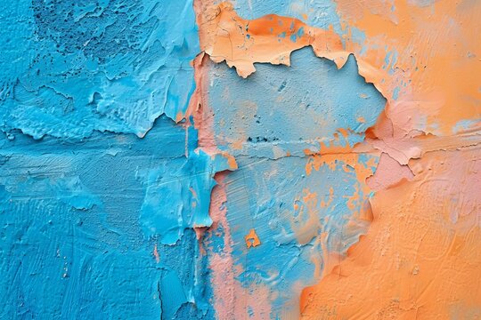 Rough colorful abstract painting on old house wall, vibrant blue and orange texture background