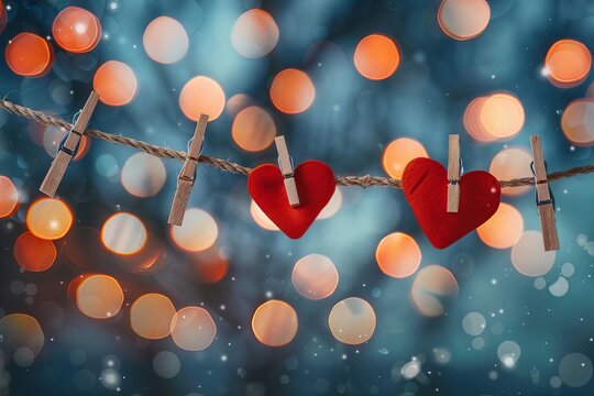 Romantic hearts on string with wooden clothespins, blurred lights background, Valentine's Day wedding anniversary digital painting