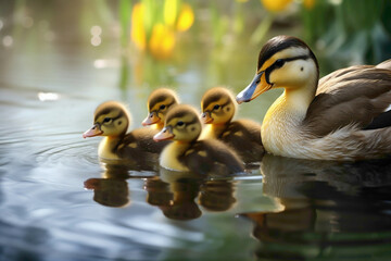 A group of adorable ducklings waddling in a row beside a crystal-clear pond, creating ripples as...