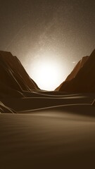 A night desert landscape with sand dunes among rocks under a starry sky. A picturesque mountain landscape on an alien planet. A science fiction environment. 3D illustration, rendering. © Ramil Gibadullin