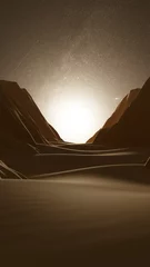 Fotobehang Chocoladebruin A night desert landscape with sand dunes among rocks under a starry sky. A picturesque mountain landscape on an alien planet. A science fiction environment. 3D illustration, rendering.  © Ramil Gibadullin