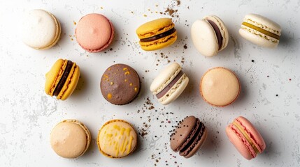 colourful french macrons lined up on the white background close up, crumbs around pink red brown...