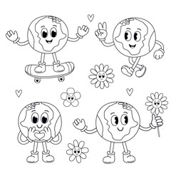 set of isolated outline cute groovy Earth and flower - 773033799