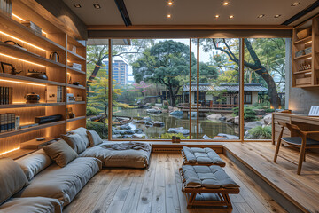 Obraz na płótnie Canvas Tranquil Study: Minimalist Zen Workspace with Koi Pond View