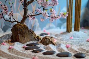 Serene Zen Garden with Raked Sand, Rocks, and a Cherry Blossom Tree, Promoting Mindfulness and Tranquility - obrazy, fototapety, plakaty
