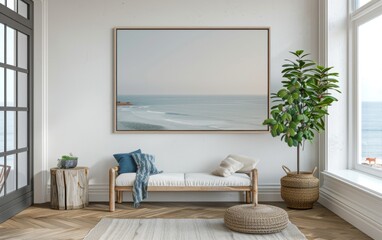 Mockup frame close up in coastal style home interior background, 3d render