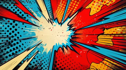 Rolgordijnen Comic book versus template background, classic pop-art style, superhero battle intro, halftone print texture © Mustafa