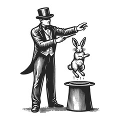 Circus magician pulling rabbit out of hat, capturing the magic of entertainment sketch engraving generative ai fictional character raster illustration. Scratch board imitation. Black and white image.