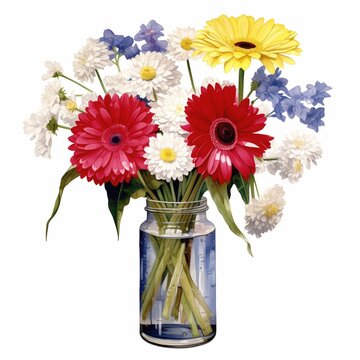 A vase of spring flowers, including daisies and cornflowers on a white background