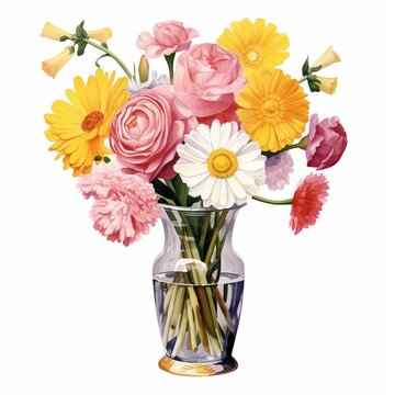A vase of spring flowers, including daisies and cornflowers on a white background