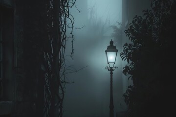Silhouette of lone streetlamp in misty alley, moody noir atmosphere illustration - obrazy, fototapety, plakaty