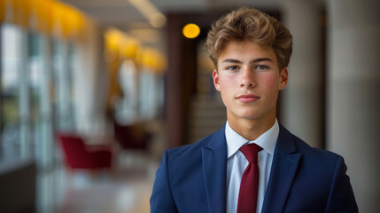 A young man in a blue suit and red tie stands in front of a wall. American boy, 25, standing confidently in a modern corporate office, wearing a tailored navy blue suit with a red tie - obrazy, fototapety, plakaty
