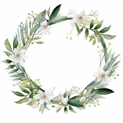 White thin Wedding floral Wreath and leaf and cane on the white background in watercolor style