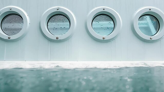 A series of portholes on a yacht lined up in perfect symmetry each one framed by a splash of sea spray. The rough textured surface of the water adds a touch of wildness to